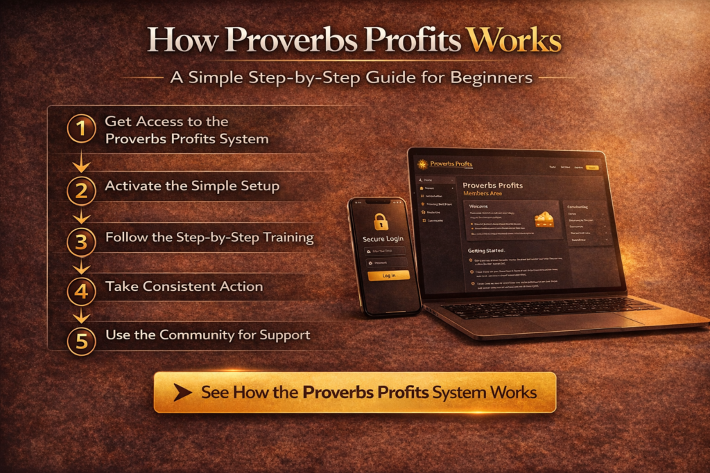 Proverbs Profits how it works infographic showing step by step process to access setup training and start online