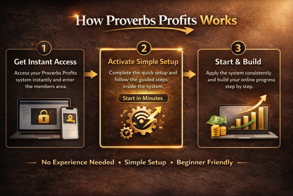 Proverbs Profits system how it works infographic showing 3 step process get access activate setup and start building online
