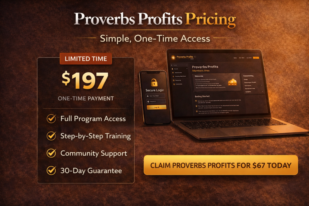 Proverbs Profits pricing banner showing $67 one time offer with features and 30 day money back guarantee