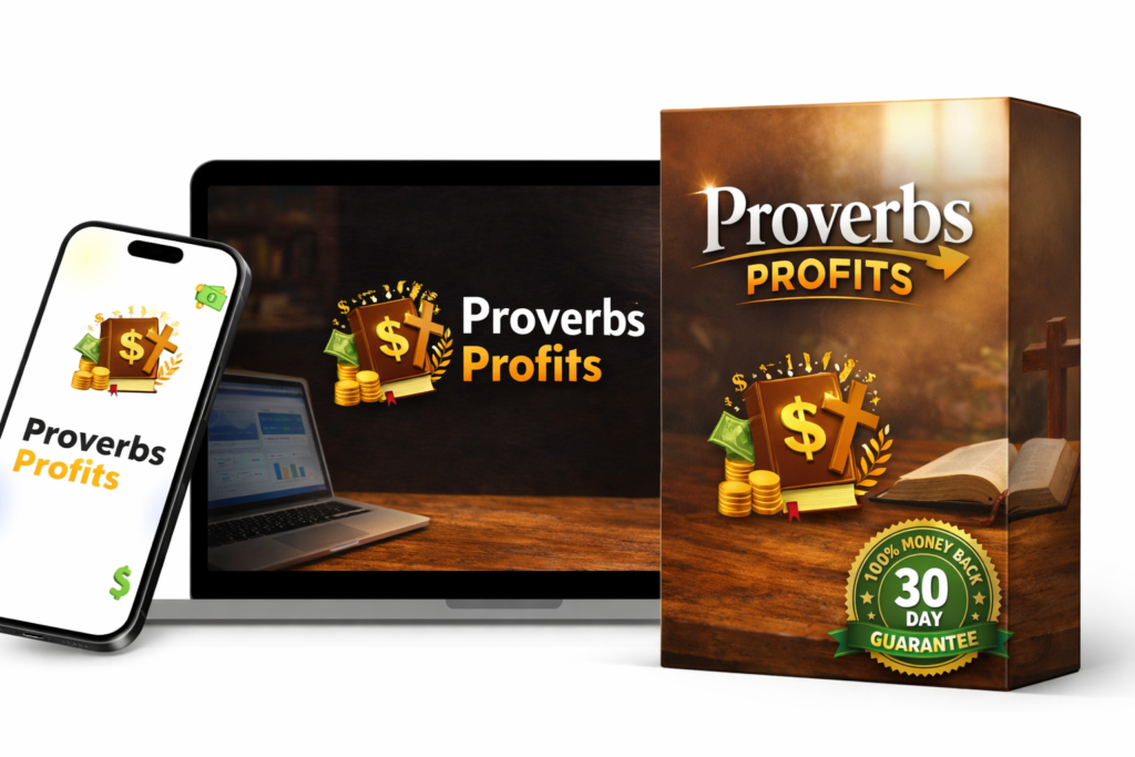 Proverbs Profits system product mockup showing laptop, mobile screen and digital box with 30 day money back guarantee badge