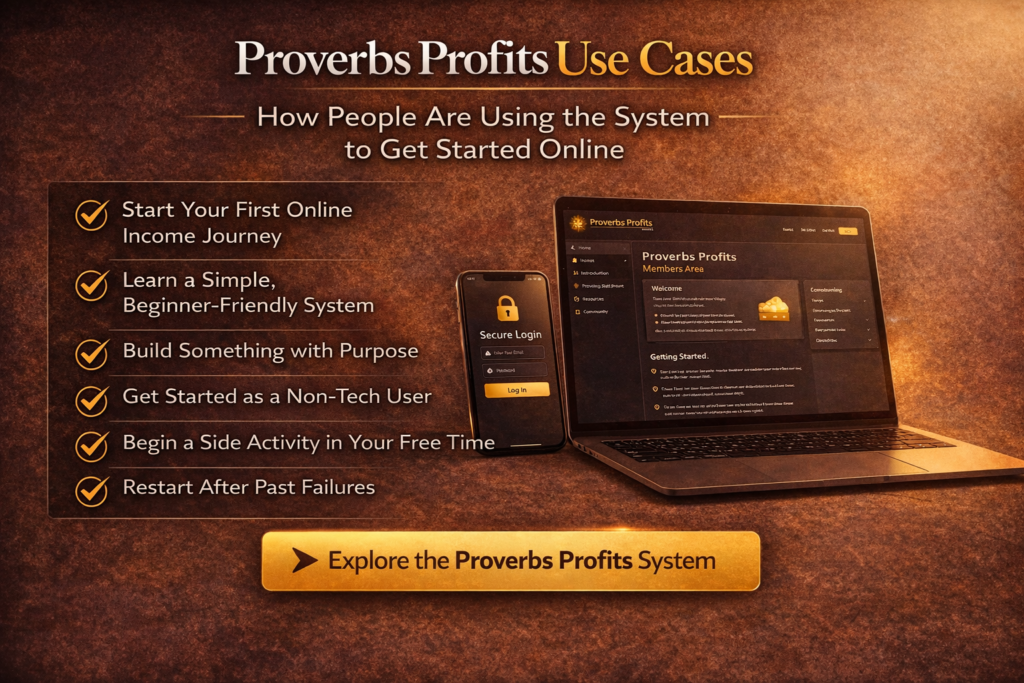 Proverbs Profits use cases infographic showing how beginners use the system to start online income journey and build step by step