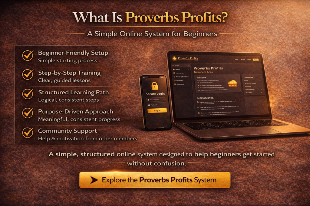 Proverbs Profits system overview infographic showing beginner friendly setup step by step training and structured online program